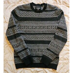 Express 100% Lambswool Sweater Mens S Fair Isle Nordic Crewneck Black Gray Wool